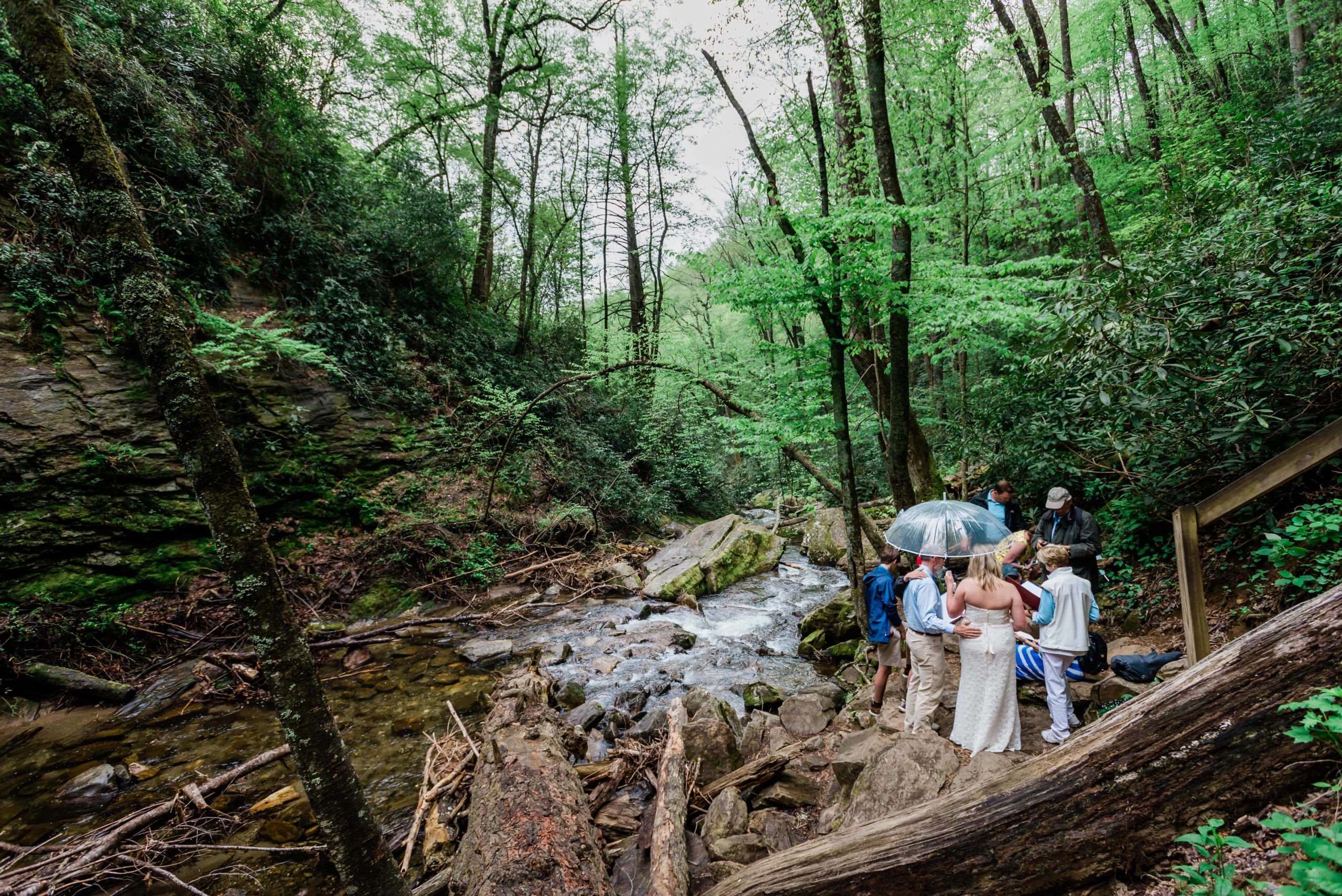 A couple and their family take part in an adventure elopement ceremony in a forest hollow overlooking a rock filled stream that feeds from the rushing waterfall that is just outside of the frame. The bride, groom and their families stands in a tight circle as they read elopement vows and the officiant performs the ceremony.