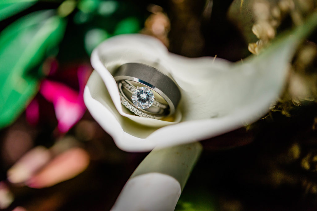 This picture is of rings inside a flower petal. This elopement was an adventure elopement that involved a lot of nature!!