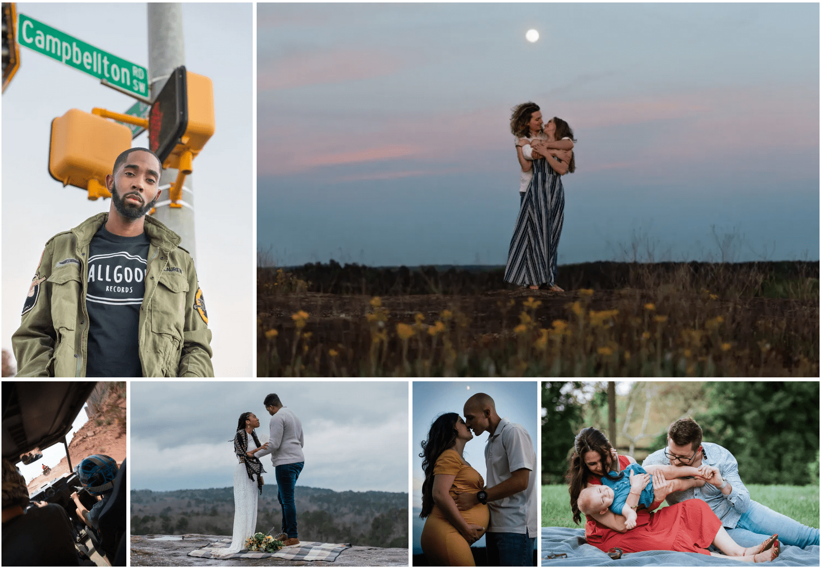 Image collage of different types of photography by a phographer in Atlanta Georgia--a man in personal branding image, a couple in the moonlight in an engagement session, an eloping couple reading vows, a family laughing and tickling, and a couple embracing in maternity photos