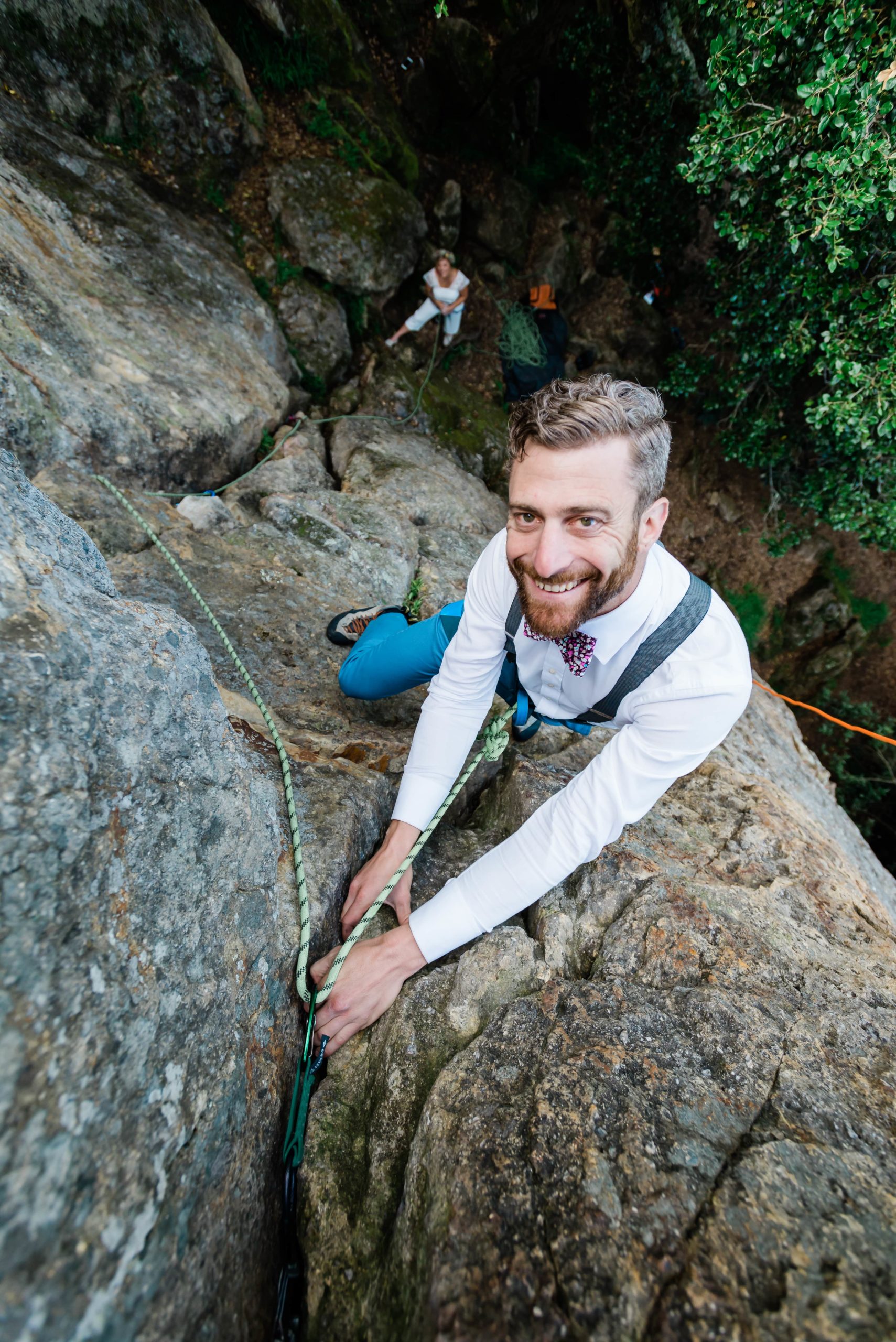 This is a groom rock climbing.