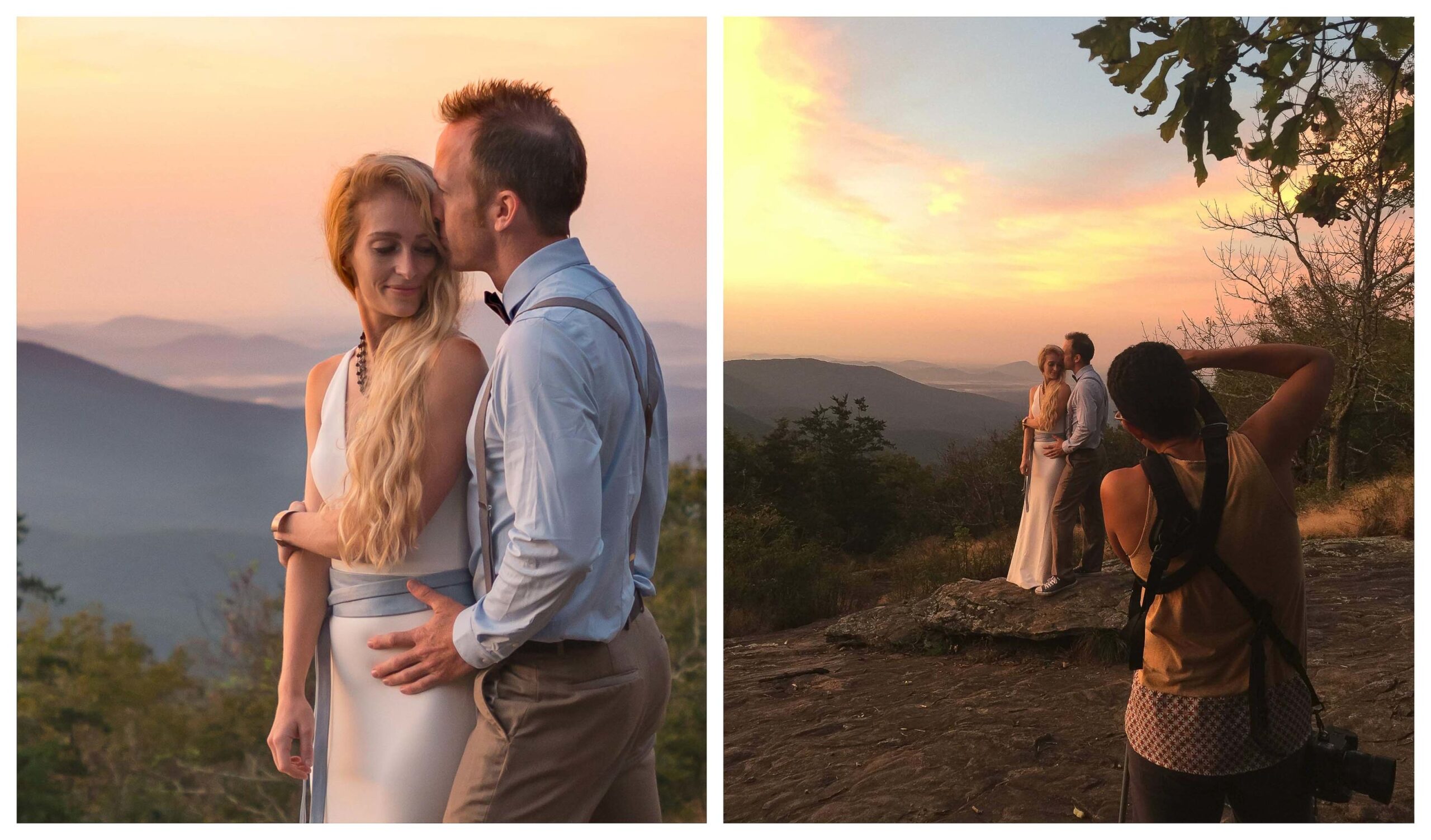 a Behind the Scenes view of an elopement photographer photographing a couple in beautiful orange and pink sunrise in Tennessee as they adventure using their adventure elopement photography package