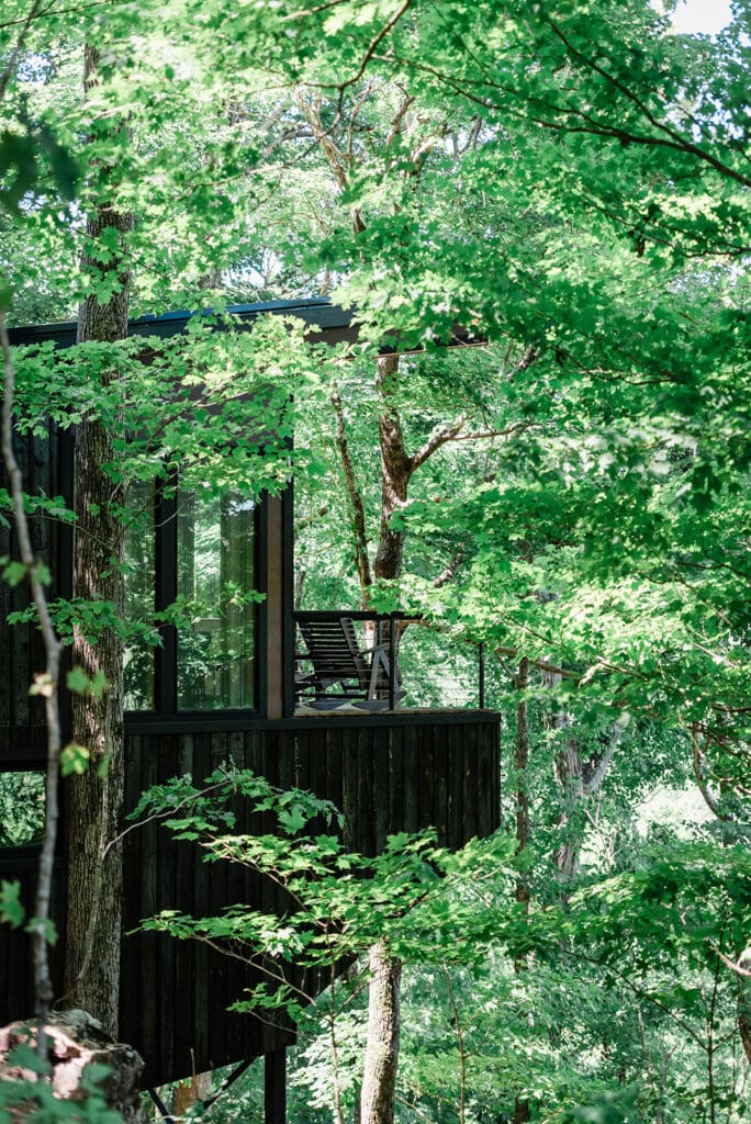 This is a picture of a treehouse patio that is high in the tree tops.